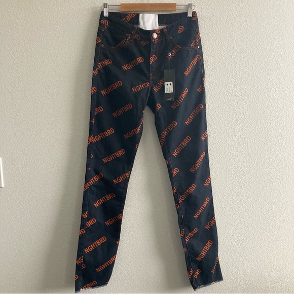 NWT Dolls Kill Nghtbrd Dnm Signature Moon Child Rust Raw Hem Logo Jeans AOP - Picture 2 of 11